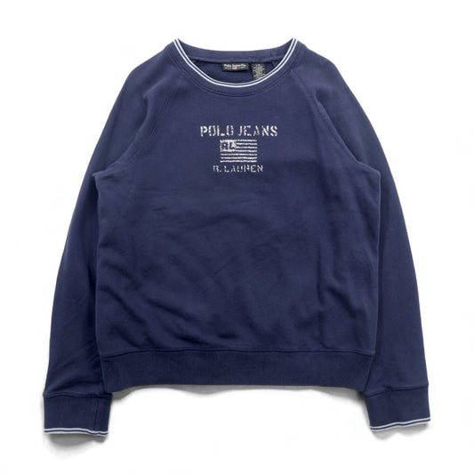 Polo Jeans Co. RALPH LAUREN Ribline Logo Print Sweatshirt L Navy Cotton Brushed Back Stars and Stripes 90's
