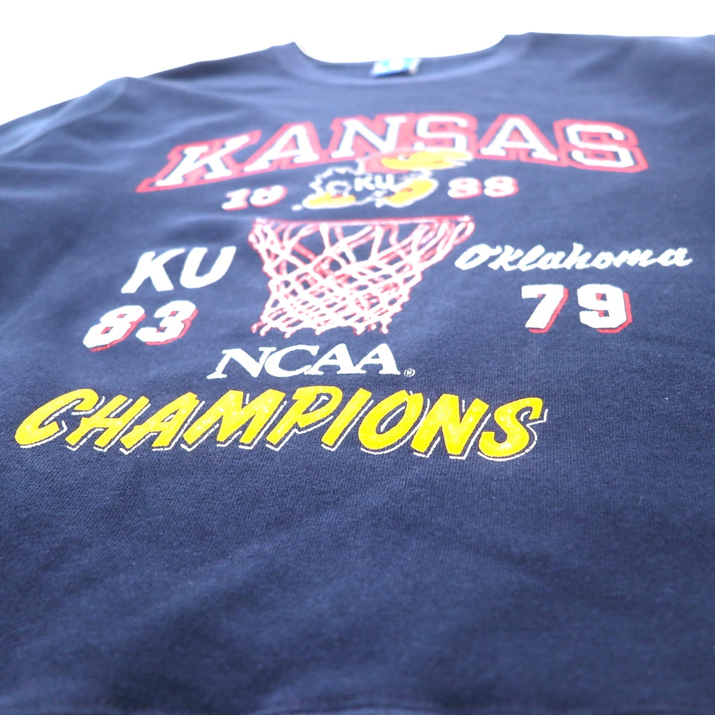 Champion USA製 80年代 カレッジ プリント スウェット L ネイビー コットン NCAA フットボール KANSAS アーチロゴ 刺繍タグ