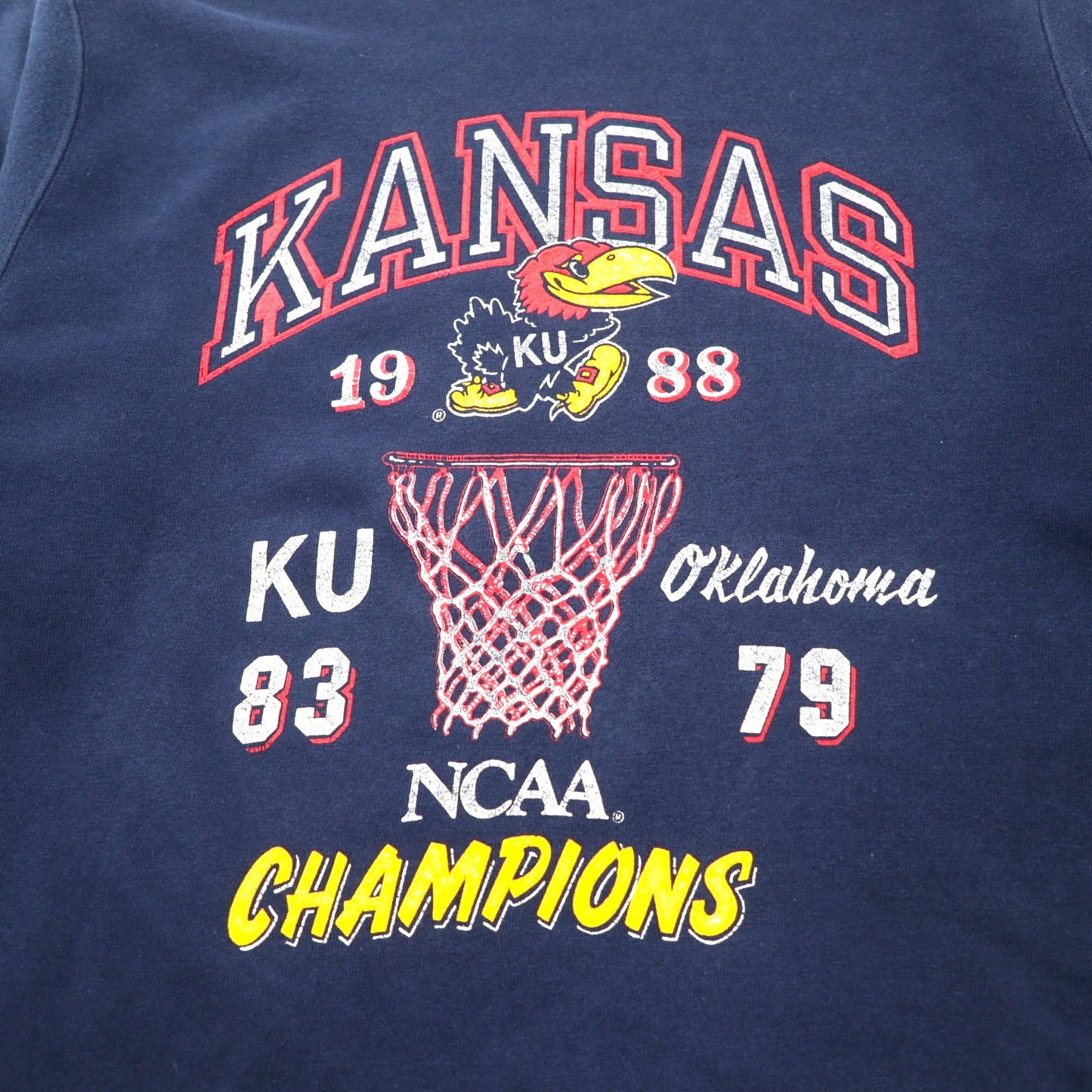 Champion USA製 80年代 カレッジ プリント スウェット L ネイビー コットン NCAA フットボール KANSAS アーチロゴ 刺繍タグ