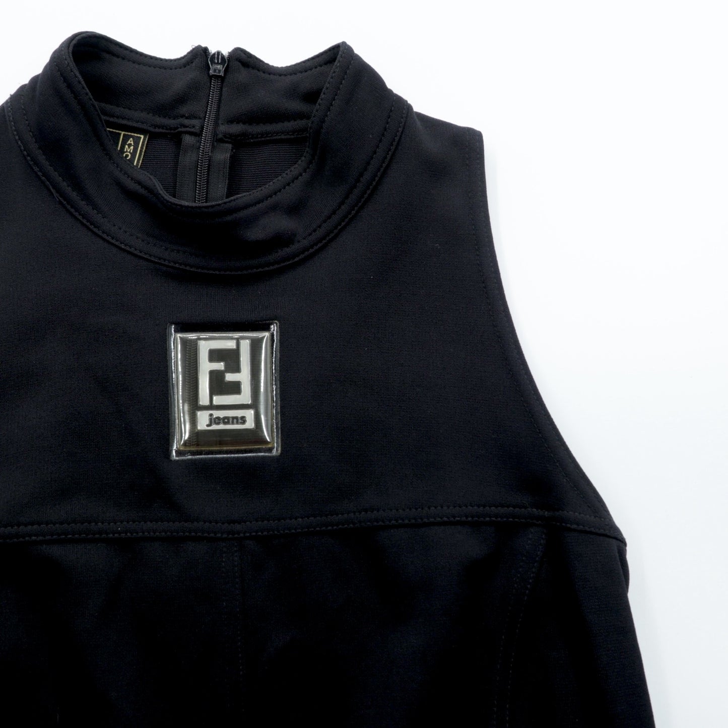 FENDI ノースリーブ ワンピース FFロゴ ハイネック ドレス M ブラック バックジップ ストレッチ イタリア製