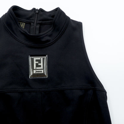 FENDI ノースリーブ ワンピース FFロゴ ハイネック ドレス M ブラック バックジップ ストレッチ イタリア製