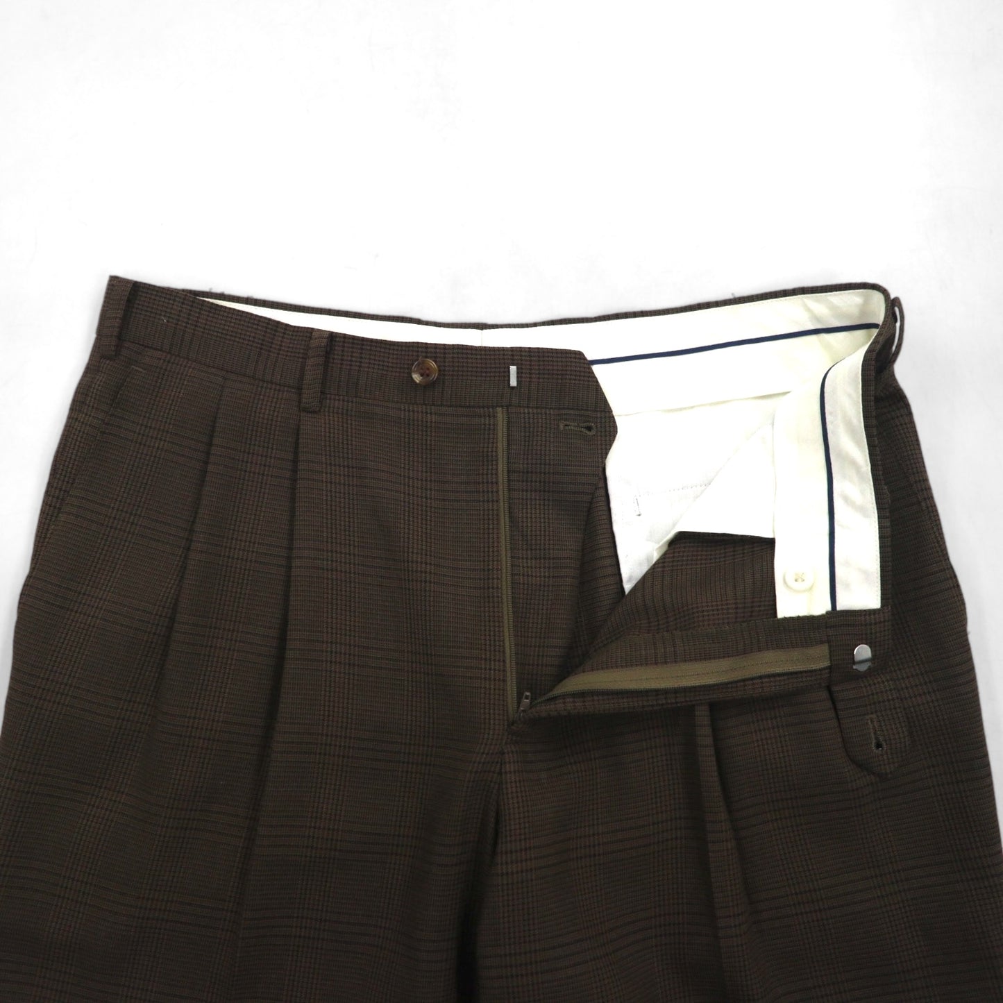 RALPH LAUREN 90年代 2タック ワイド スラックスパンツ L ブラウン チェック ポリエステル