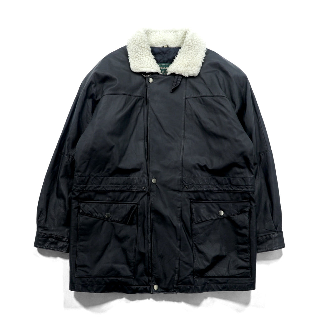 CLUB FELLOW 90s Vintage Fur Collar Padded Leather Coat XL Black Quilted Lining Fly Front Zipper Marshall Fields