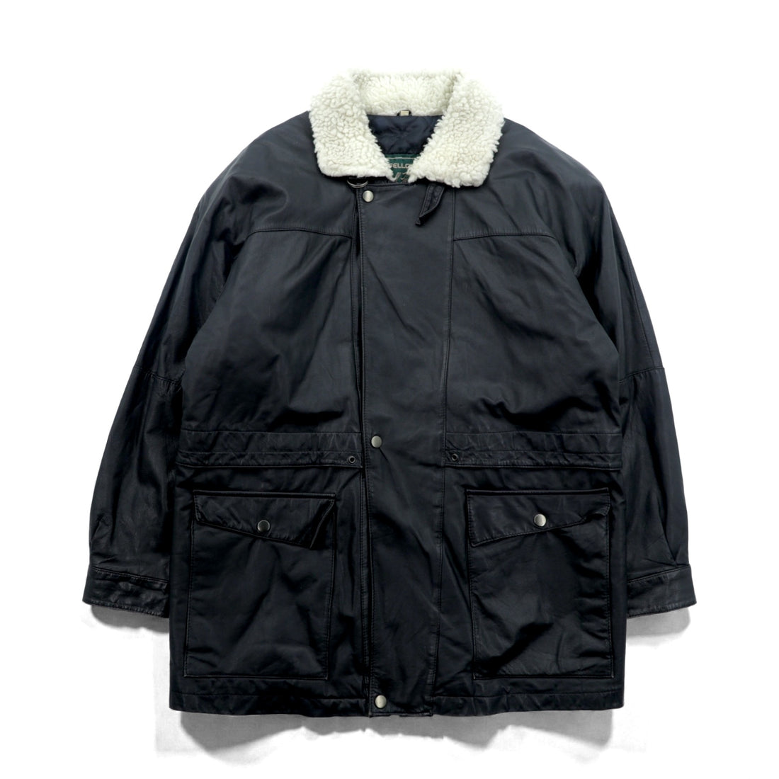 CLUB FELLOW 90s Vintage Fur Collar Padded Leather Coat XL Black Quilted Lining Fly Front Zipper Marshall Fields