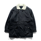 CLUB FELLOW 90s Vintage Fur Collar Padded Leather Coat XL Black Quilted Lining Fly Front Zipper Marshall Fields