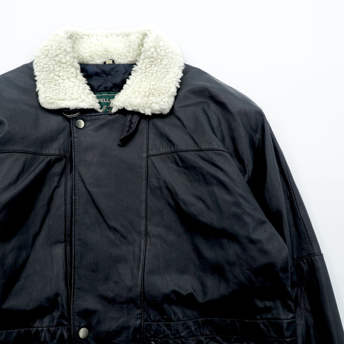 CLUB FELLOW 90s Vintage Fur Collar Padded Leather Coat XL Black Quilted Lining Fly Front Zipper Marshall Fields