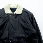 CLUB FELLOW 90s Vintage Fur Collar Padded Leather Coat XL Black Quilted Lining Fly Front Zipper Marshall Fields