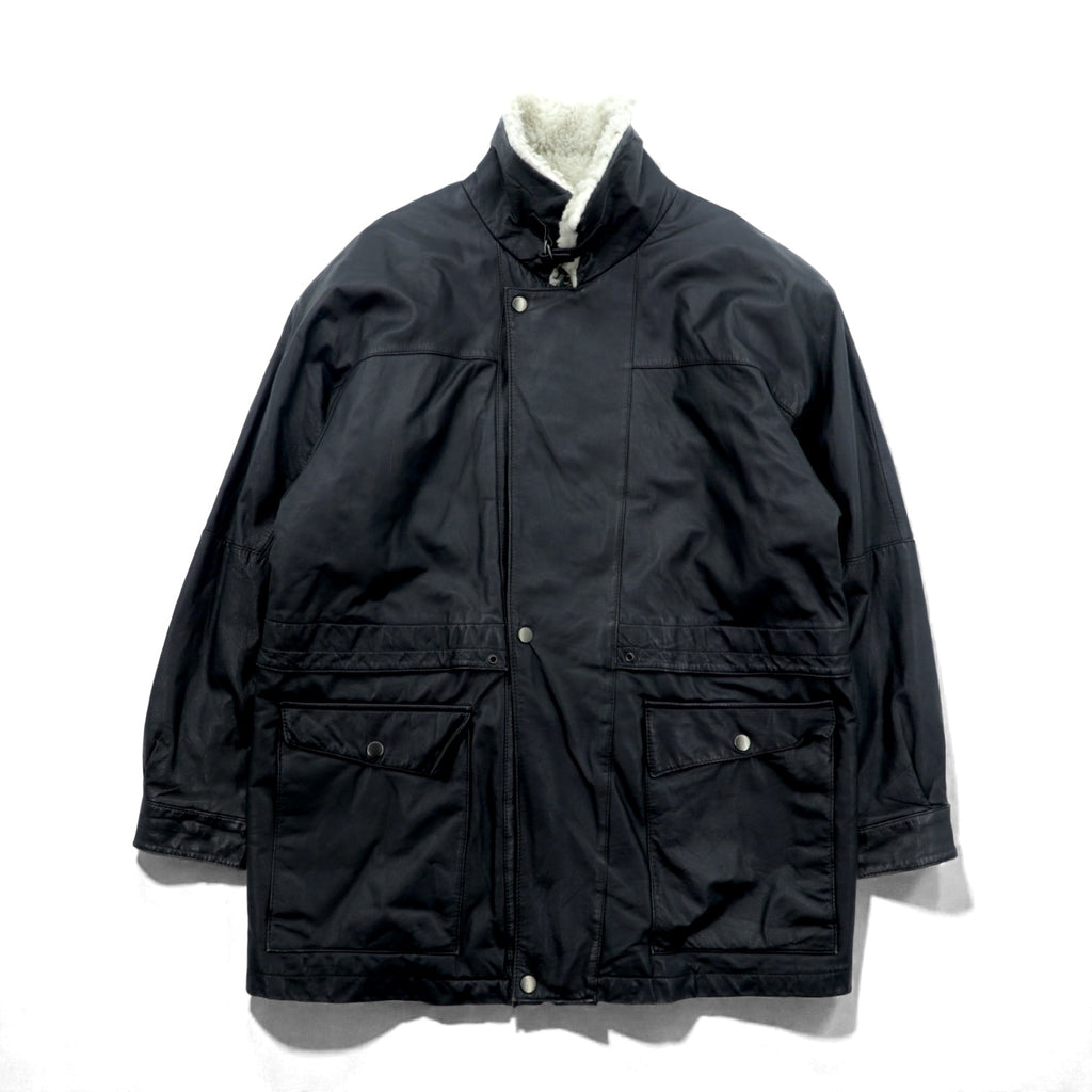 CLUB FELLOW 90s Vintage Fur Collar Padded Leather Coat XL Black Quilted Lining Fly Front Zipper Marshall Fields