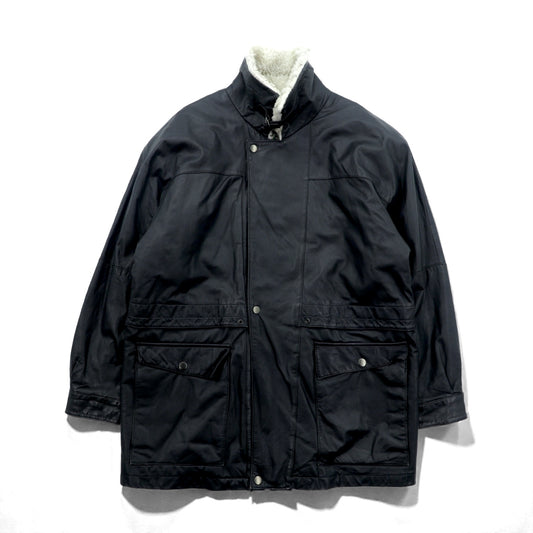 CLUB FELLOW 90年代 ヴィンテージ 襟ボア 中綿 レザーコート XL ブラック キルティングライナー 比翼 ジップアップ Marshall Fields