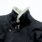 CLUB FELLOW 90s Vintage Fur Collar Padded Leather Coat XL Black Quilted Lining Fly Front Zipper Marshall Fields