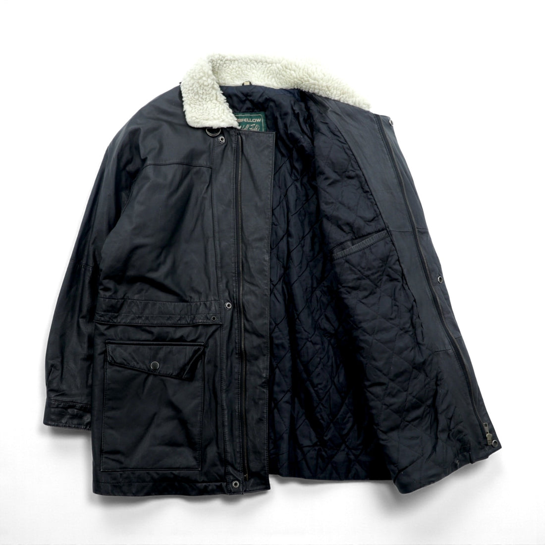 CLUB FELLOW 90s Vintage Fur Collar Padded Leather Coat XL Black Quilted Lining Fly Front Zipper Marshall Fields