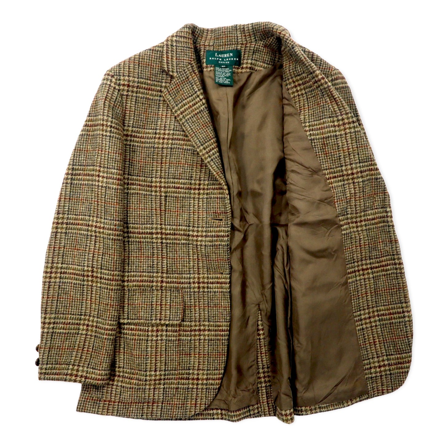 LAUREN RALPH LAUREN 90's Tweed 2B Tailored Jacket 6P Brown Gun Club Checked  Wool Decorative Button