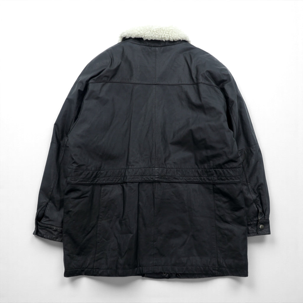 CLUB FELLOW 90s Vintage Fur Collar Padded Leather Coat XL Black Quilted Lining Fly Front Zipper Marshall Fields