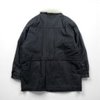 CLUB FELLOW 90s Vintage Fur Collar Padded Leather Coat XL Black Quilted Lining Fly Front Zipper Marshall Fields