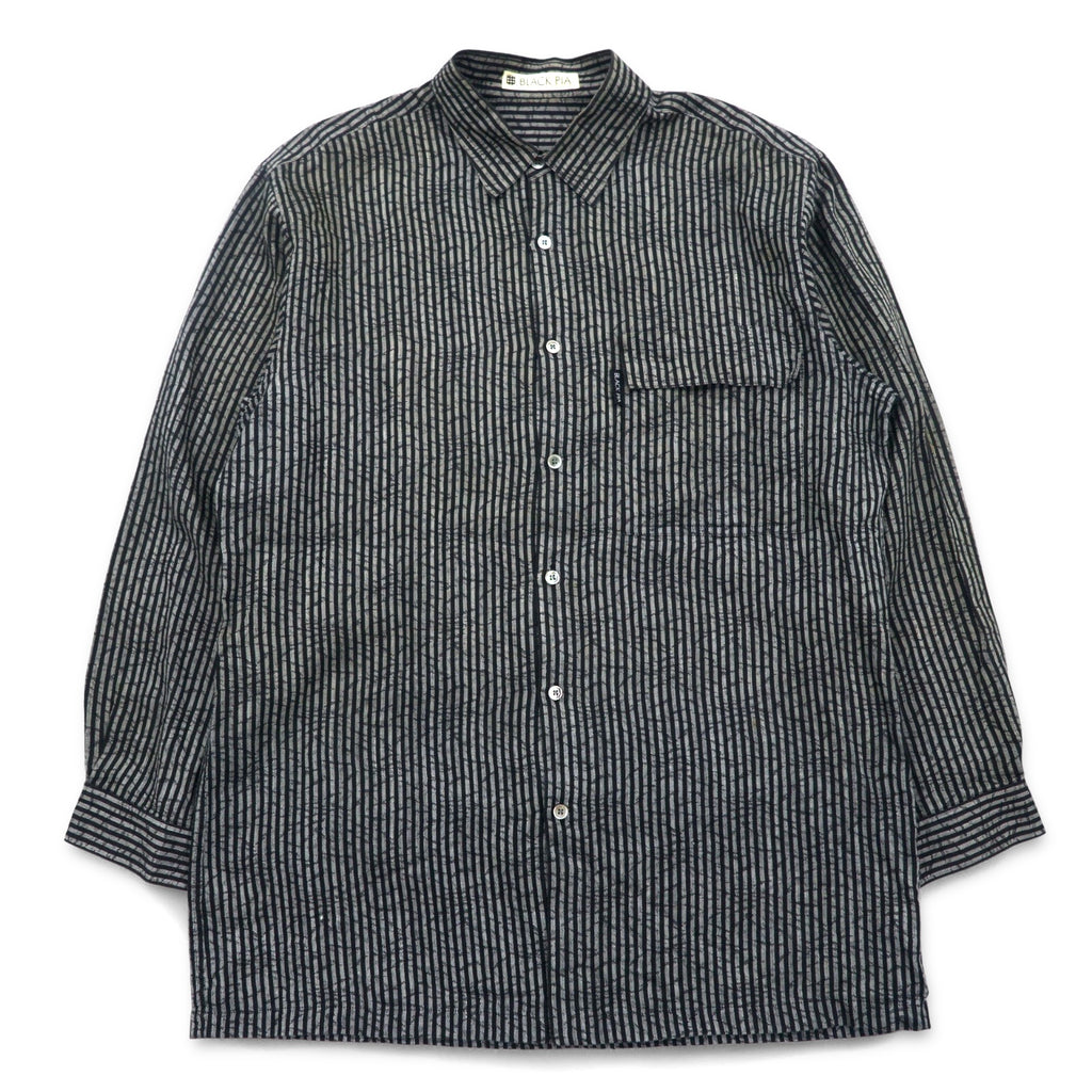 BLACK PIA 90年代 リネン ストライプ シャツ L グレー ブラック フラップポケット 日本製