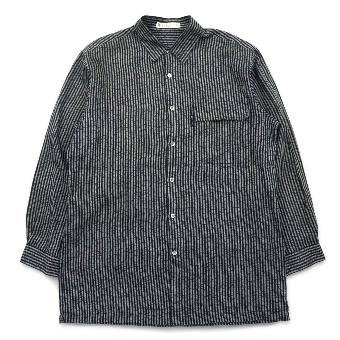 BLACK PIA 90s Linen Striped Shirt L Gray Black Flap Pocket Made in Japan