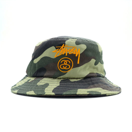 STUSSY バケットハット S/M カモフラ コットン ロゴ 刺繍