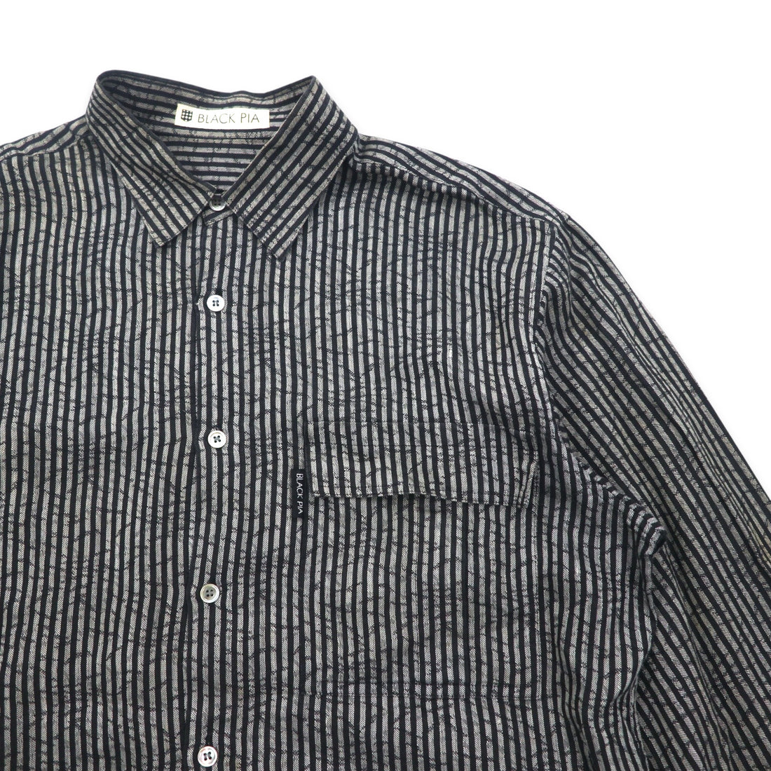 BLACK PIA 90年代 リネン ストライプ シャツ L グレー ブラック フラップポケット 日本製