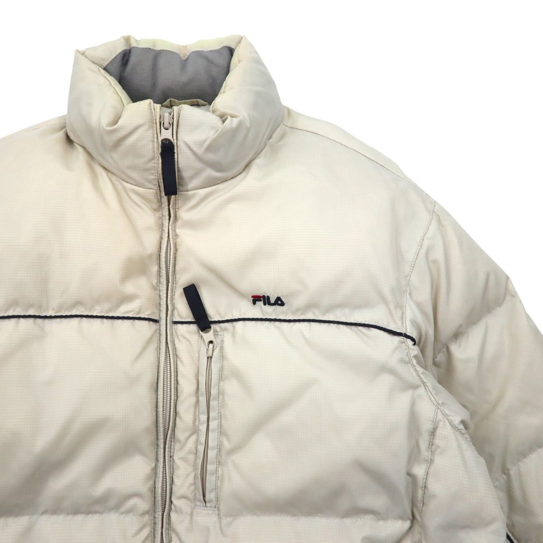 FILA Down Jacket M Beige Nylon Retractable Hood Drawstring Embroidered Logo