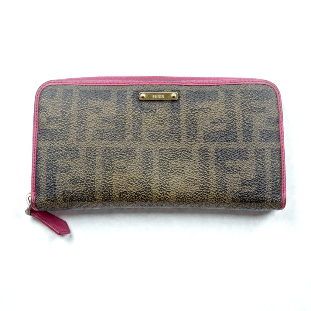 FENDI Round Zipper Long Wallet Khaki Pink PVC Zucca Pattern 8M0299 Made in Italy