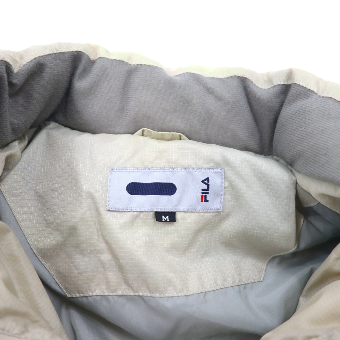 FILA Down Jacket M Beige Nylon Retractable Hood Drawstring Embroidered Logo