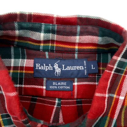 RALPH LAUREN 90s BLAIRE button-down flannel shirt L red check small pony embroidery