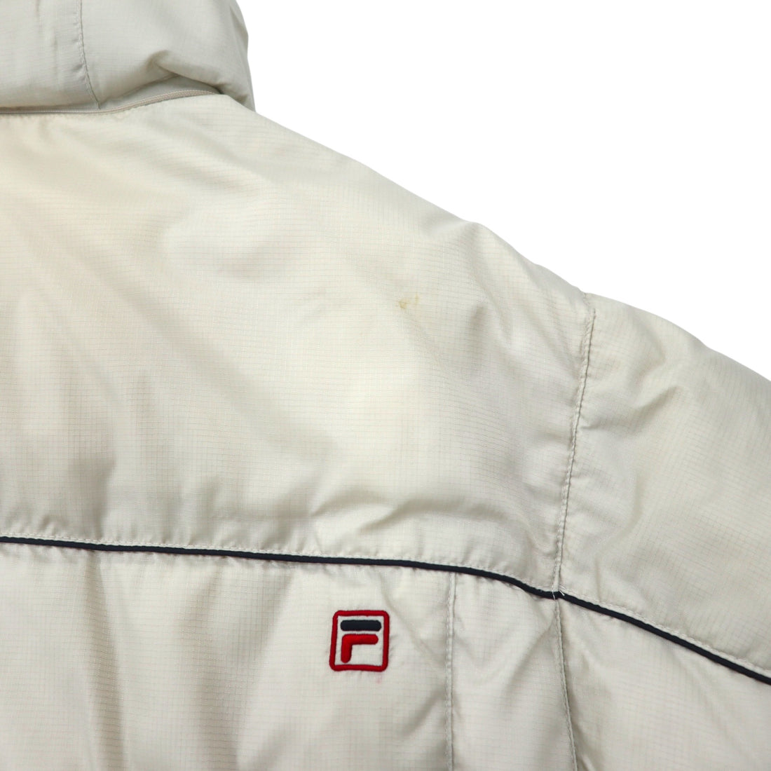 FILA Down Jacket M Beige Nylon Retractable Hood Drawstring Embroidered Logo