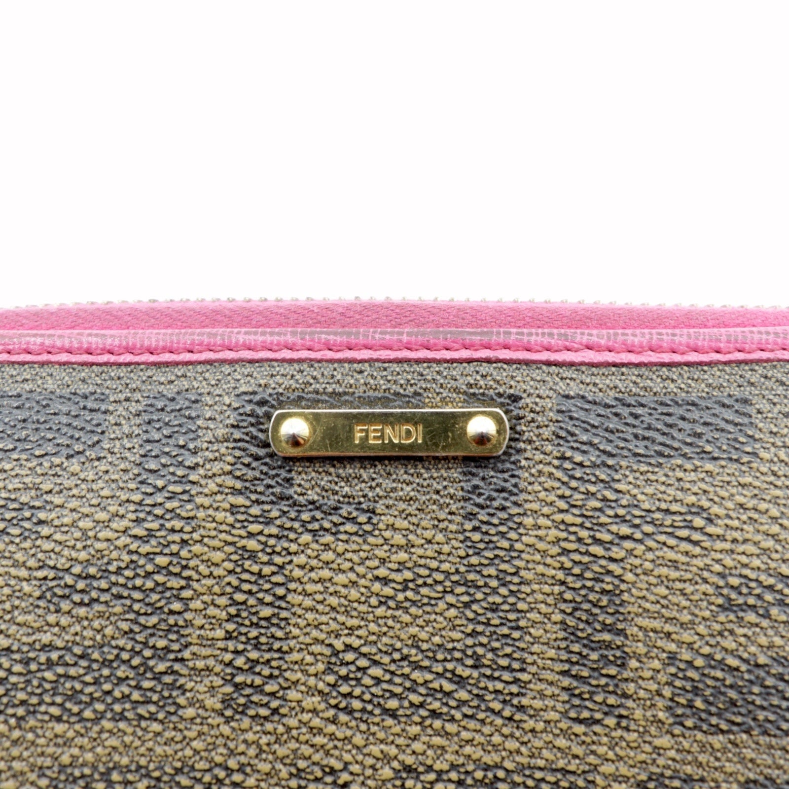 FENDI Round Zipper Long Wallet Khaki Pink PVC Zucca Pattern 8M0299 Made in Italy