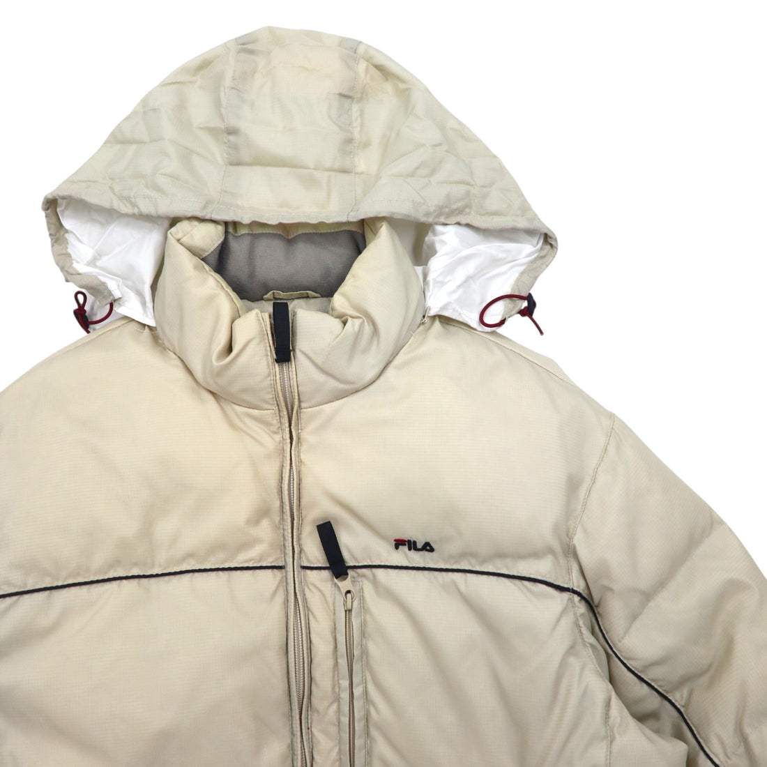 FILA Down Jacket M Beige Nylon Retractable Hood Drawstring Embroidered Logo