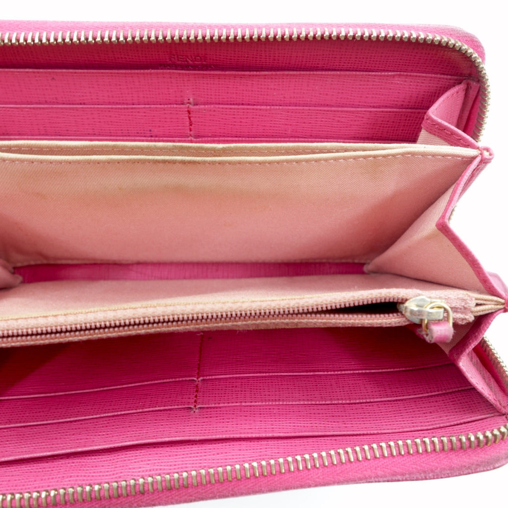FENDI Round Zipper Long Wallet Khaki Pink PVC Zucca Pattern 8M0299 Made in Italy