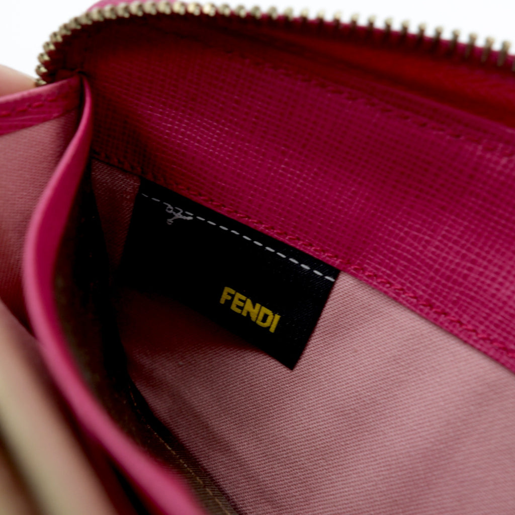 FENDI Round Zipper Long Wallet Khaki Pink PVC Zucca Pattern 8M0299 Made in Italy