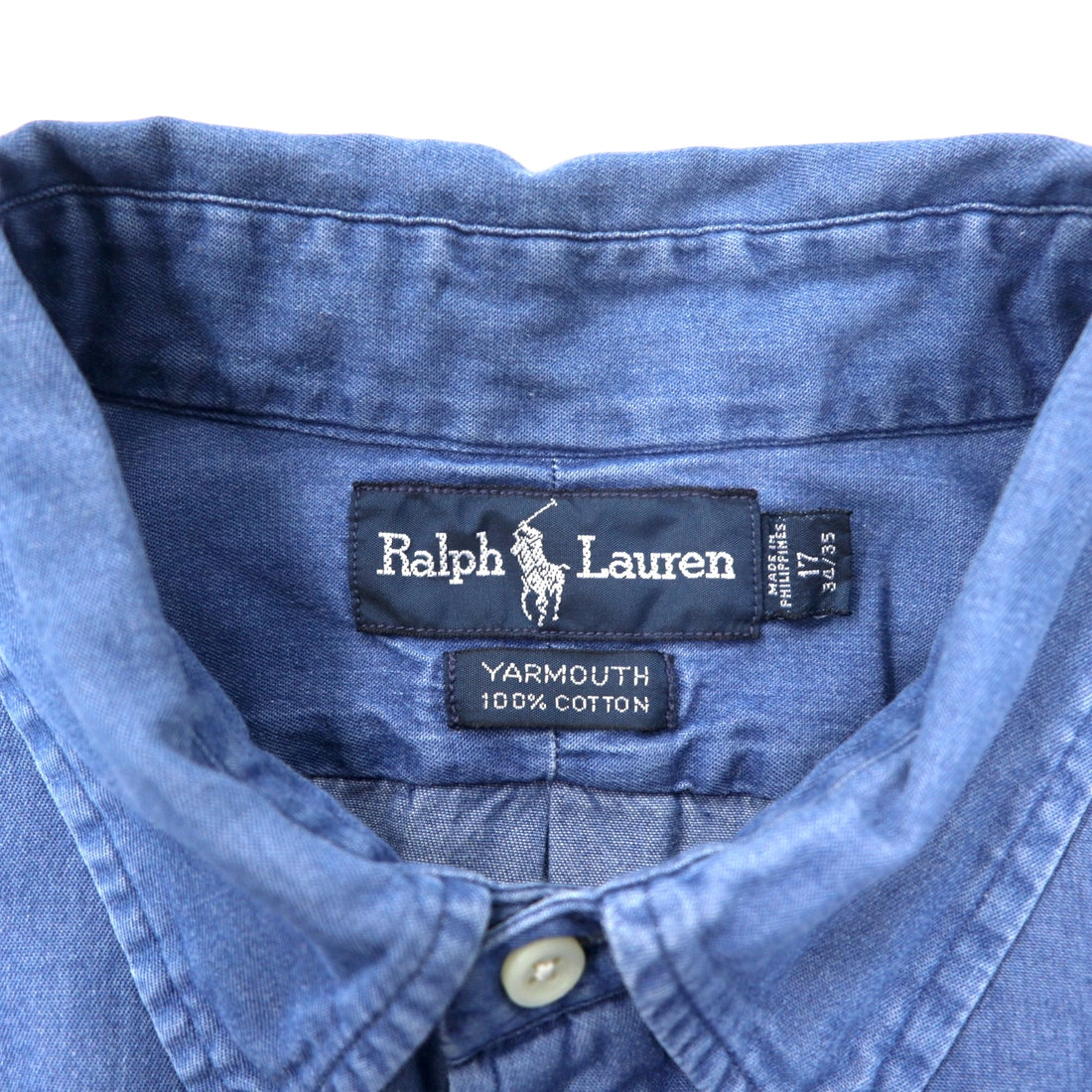 Ralph Lauren 90s Indigo Denim Button Down Shirt Size 17 34/35 Blue Cotton YARMOUTH Small Pony Embroidery