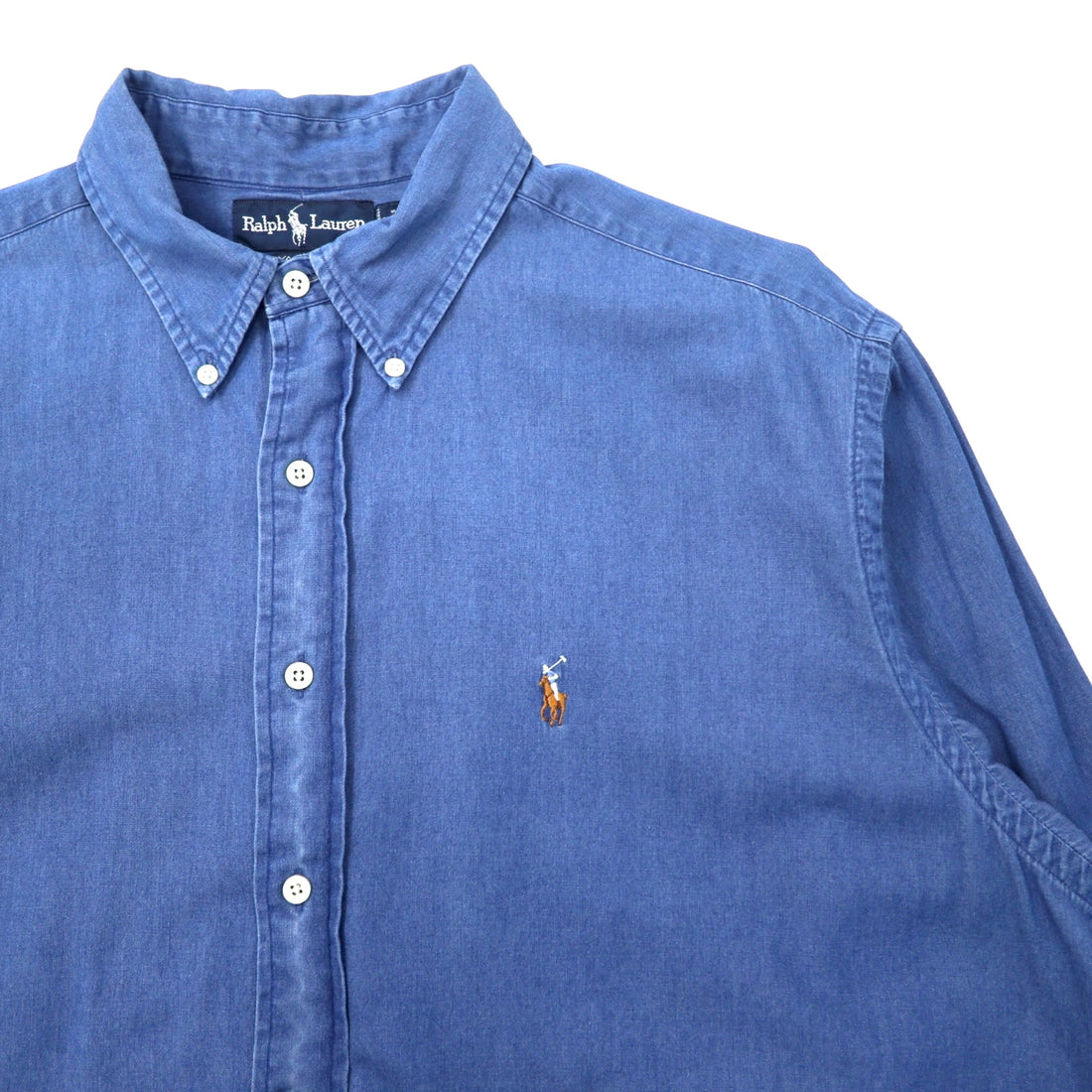 Ralph Lauren 90s Indigo Denim Button Down Shirt Size 17 34/35 Blue Cotton YARMOUTH Small Pony Embroidery