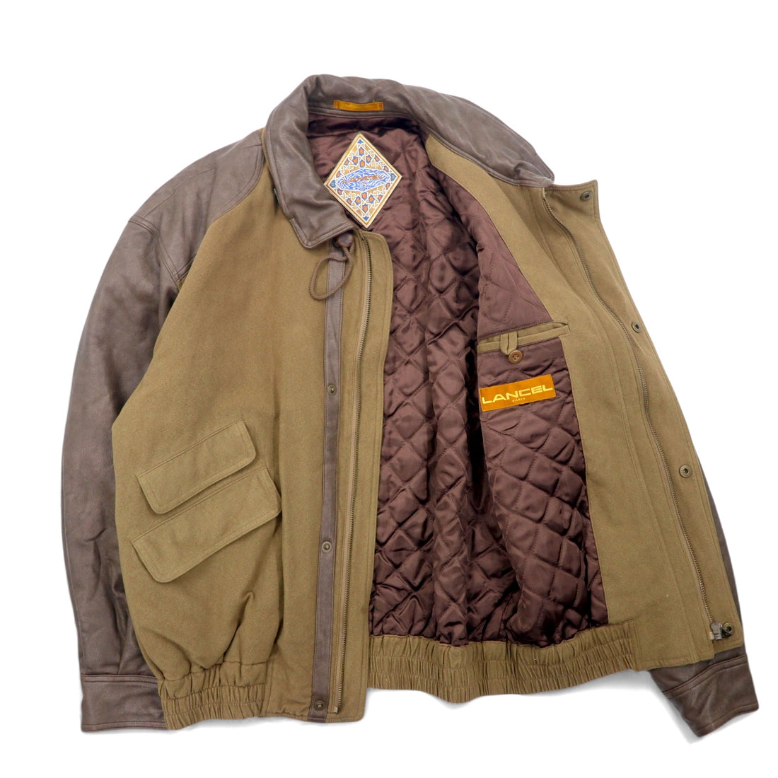 LANCEL Old Different Material Flight Jacket Bomber Jacket Blouson M Brown Polyester Retractable Hood Made in Japan