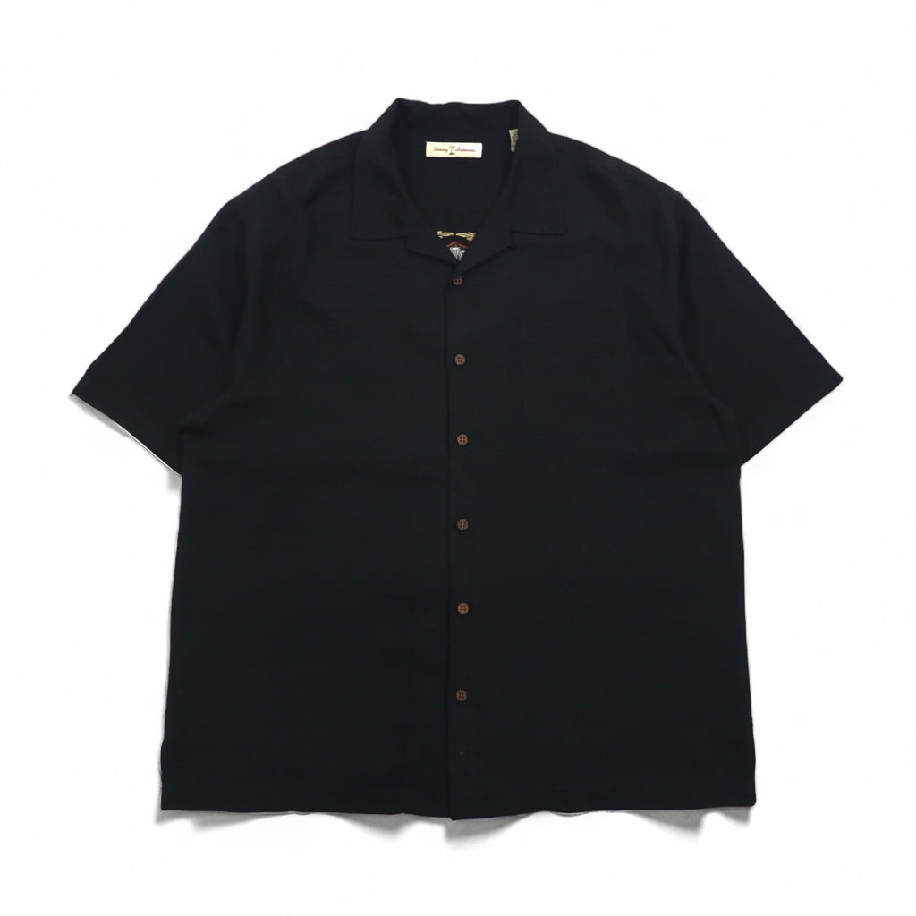 Tommy Bahama Silk Short Sleeve Open Collar Shirt, XL, Black, with Back Logo Embroidery