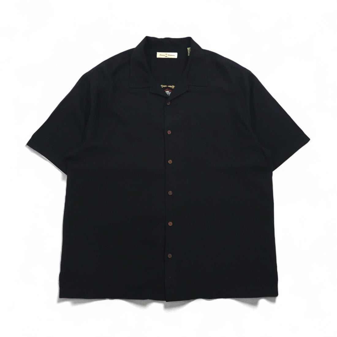 Tommy Bahama Silk Short Sleeve Open Collar Shirt, XL, Black, with Back Logo Embroidery