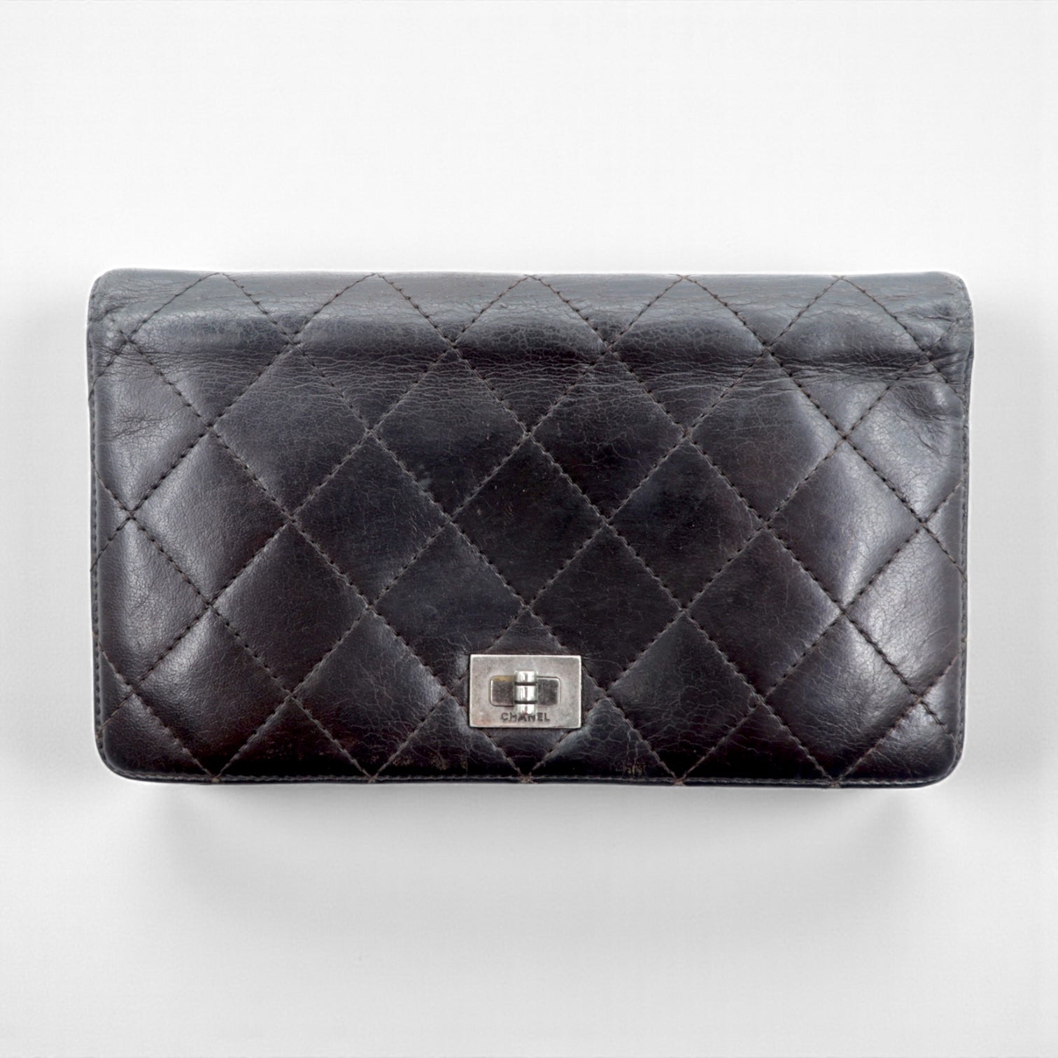 CHANEL 2.55 Line Matelasse Long Wallet Black Leather Quilted Made in France