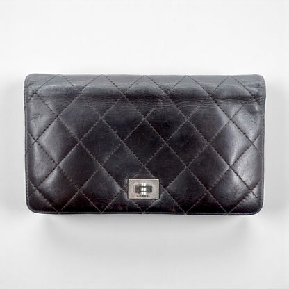 CHANEL 2.55 Line Matelasse Long Wallet Black Leather Quilted Made in France
