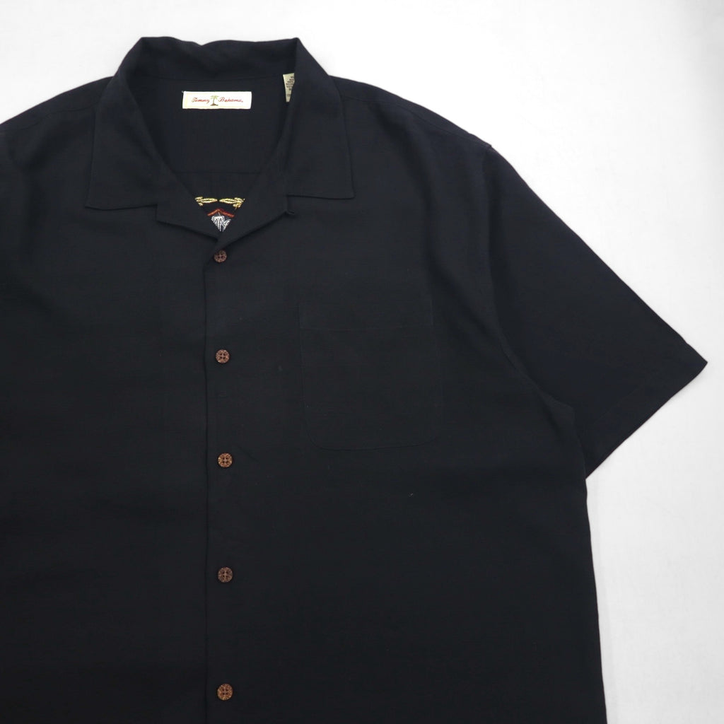 Tommy Bahama Silk Short Sleeve Open Collar Shirt, XL, Black, with Back Logo Embroidery