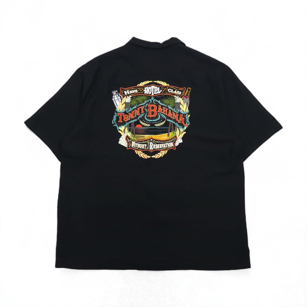 Tommy Bahama Silk Short Sleeve Open Collar Shirt, XL, Black, with Back Logo Embroidery