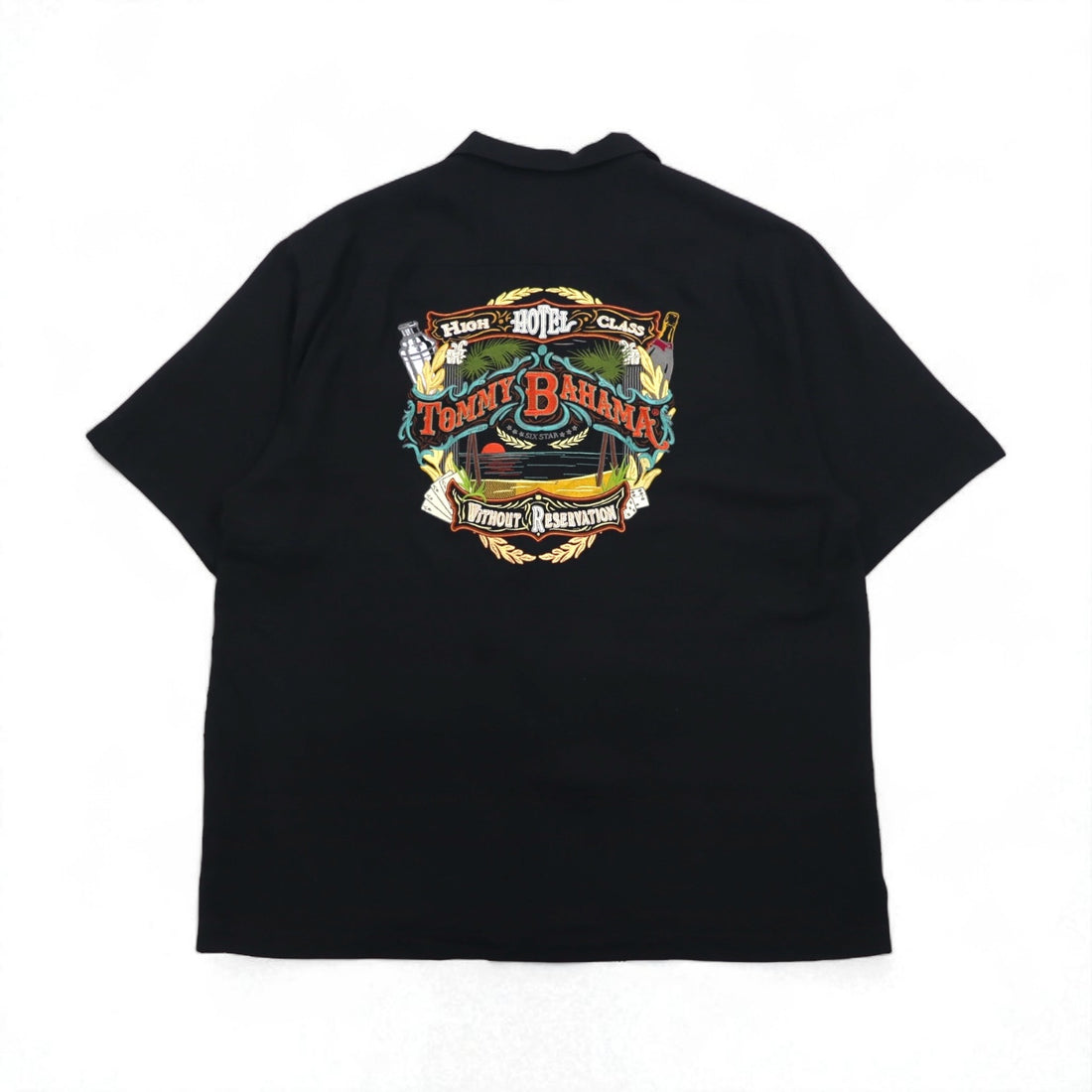 Tommy Bahama Silk Short Sleeve Open Collar Shirt, XL, Black, with Back Logo Embroidery