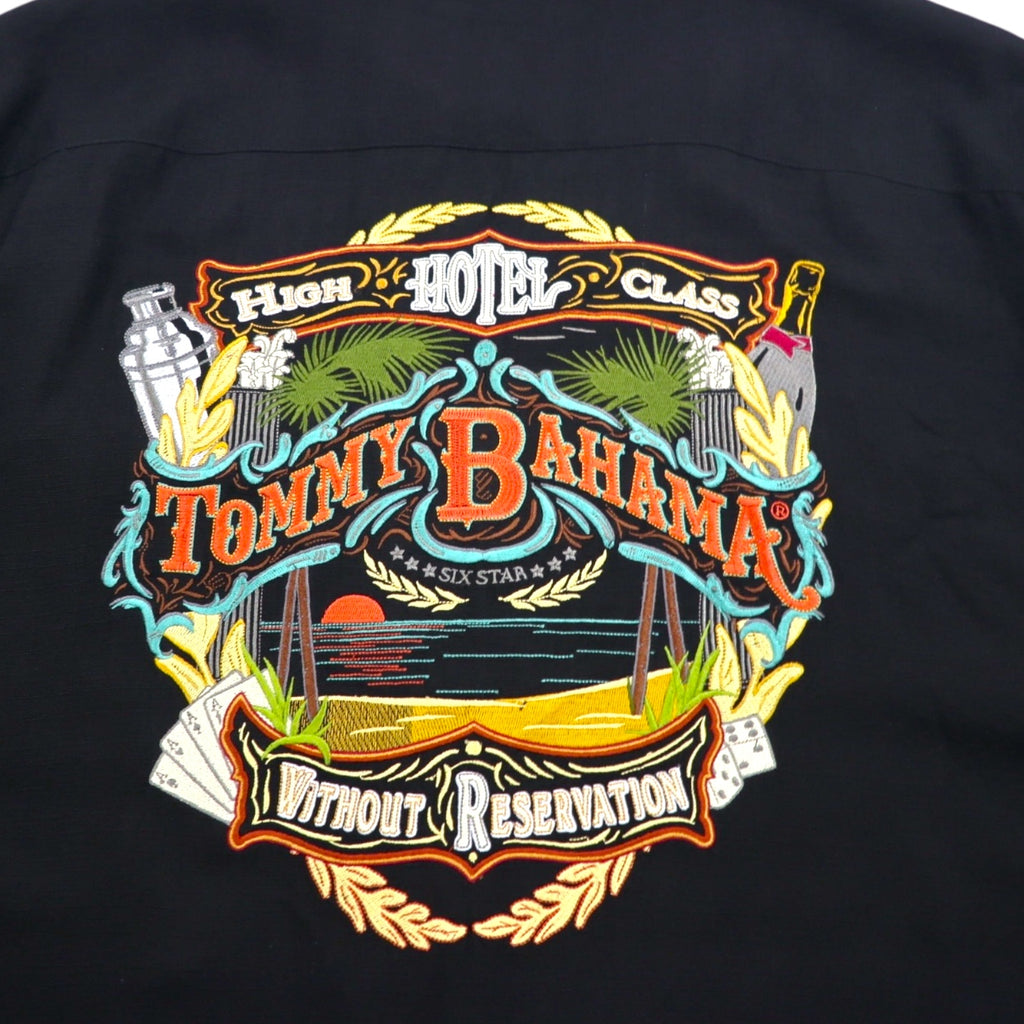 Tommy Bahama Silk Short Sleeve Open Collar Shirt, XL, Black, with Back Logo Embroidery