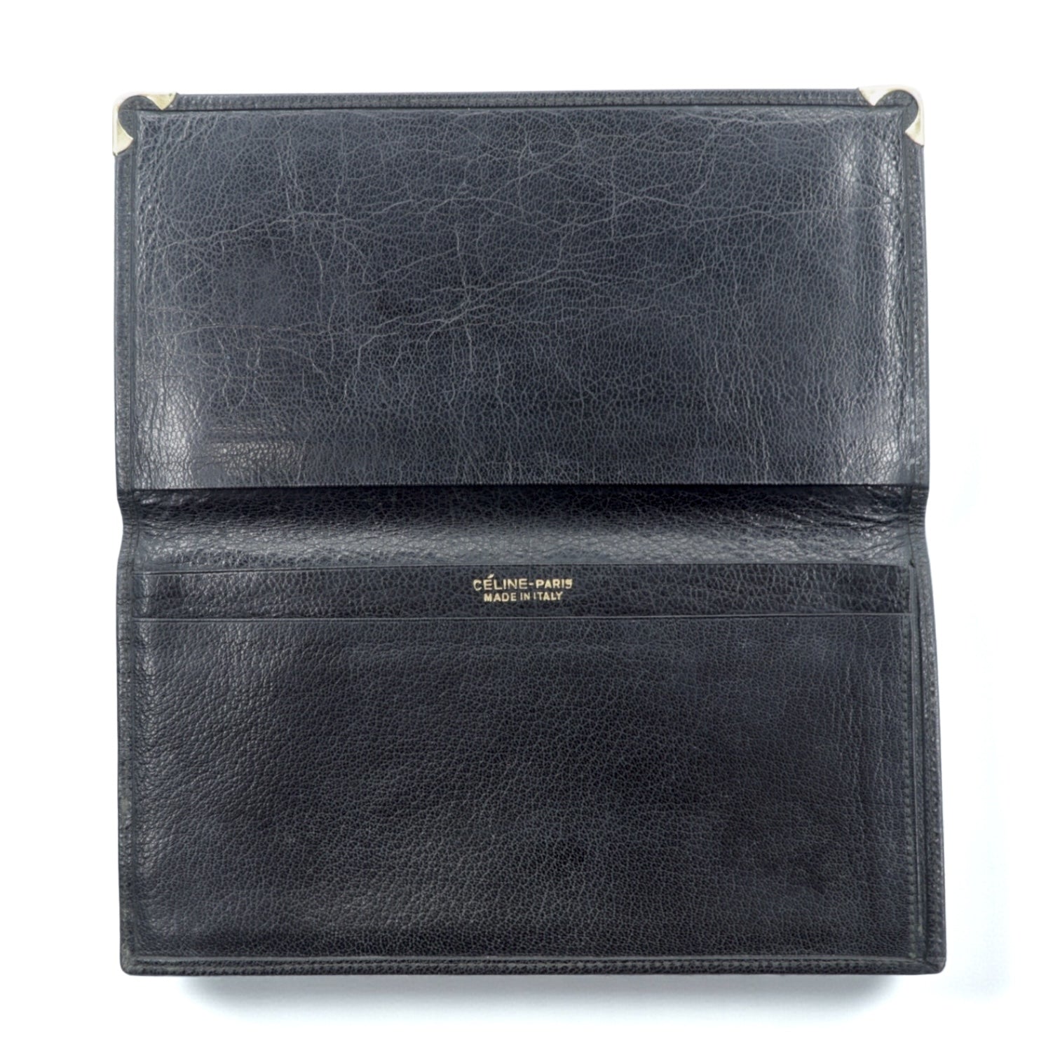 CELINE Long Wallet Billfold Black Leather Carriage Logo Engraved Old Made in Italy