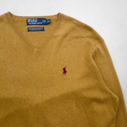 Polo Ralph Lauren 90s V-neck Pima cotton knit sweater, size L, beige, with small pony embroidery.