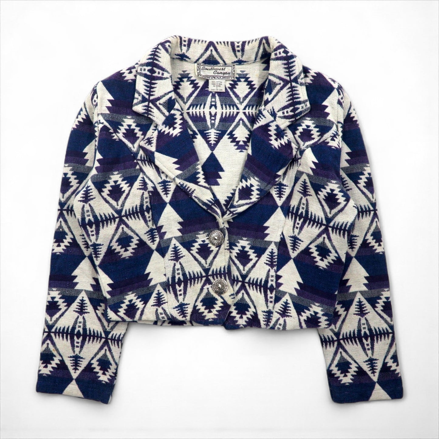 90s Vintage Jacquard Blazer, Chimayo Print, Size S, Concho Buttons, Native American Print, Southwest Canyon, Short Length