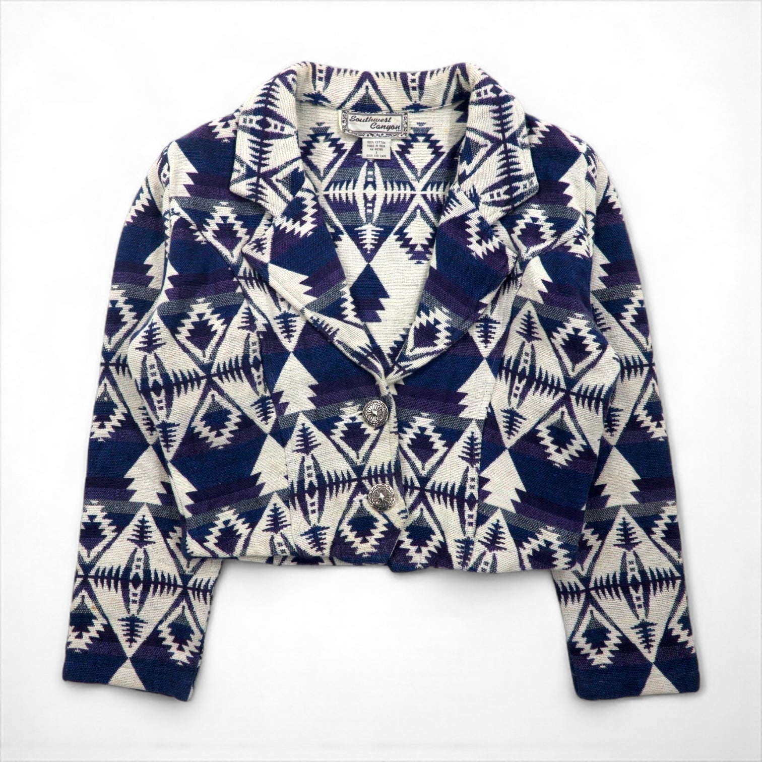 90s Vintage Jacquard Blazer, Chimayo Print, Size S, Concho Buttons, Native American Print, Southwest Canyon, Short Length