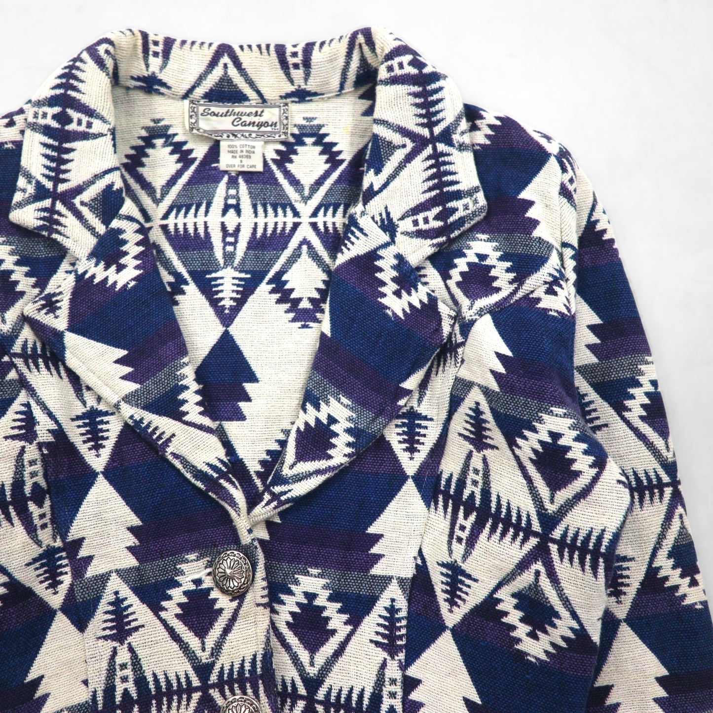 90s Vintage Jacquard Blazer, Chimayo Print, Size S, Concho Buttons, Native American Print, Southwest Canyon, Short Length