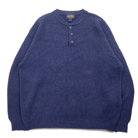 日本然リトテ-古着オンライン-WOOLRICH ヘンリーネック ニット セーター XL ネイビー コットン リネン混-WOOLRICH Henley Neck Knit Sweater XL Navy Cotton Linen Blend