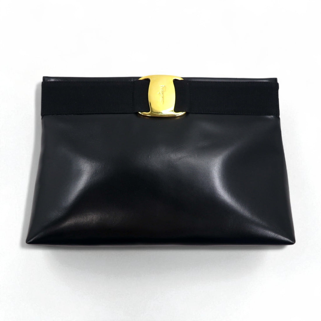 Salvatore Ferragamo 2-Way Shoulder Bag/Clutch Bag Vara Ribbon Black Leather D210588