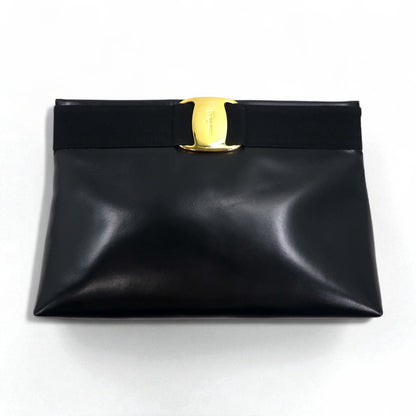 Salvatore Ferragamo 2WAY ショルダーバッグ クラッチバッグ ヴァラ リボン ブラック レザー D210588